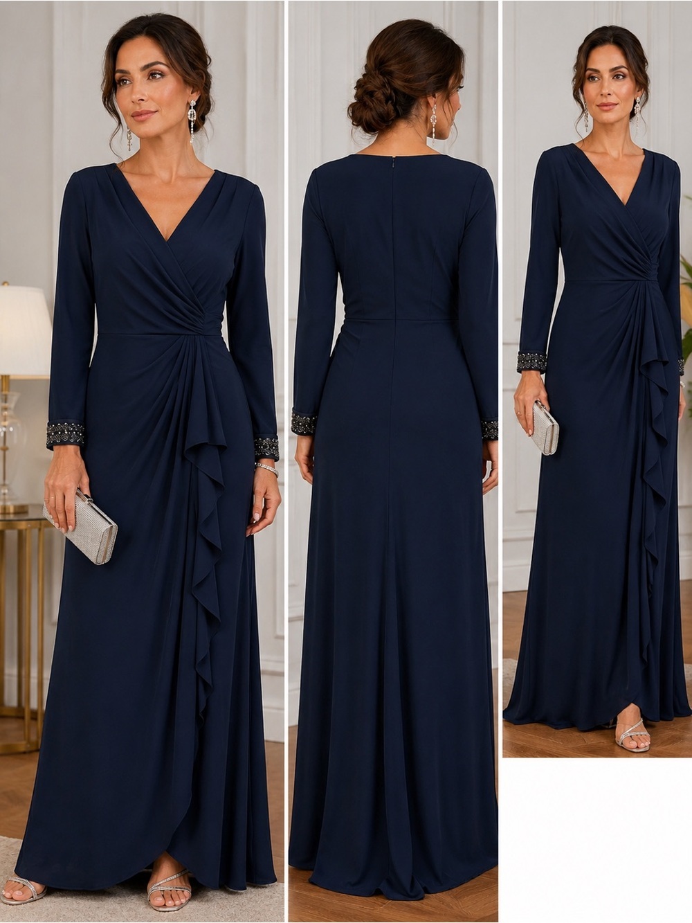 Adrianna Papell Navy Blue Draped Maxi Gown Beaded Cuff Long Sleeve NWT size 8